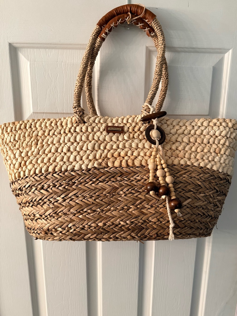 Woven Two-Tone Straw Tote Bag in Natural and Brown